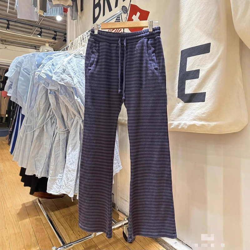 BM style pants navy blue striped drawstring elastic waist casual micro-pants women's bm new slim straight pants pants