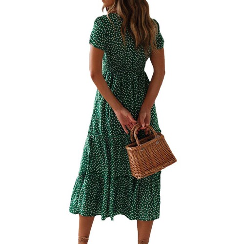 European and American AliExpress Wish Amazon popular style square neck puffed sleeve floral print dress long dress