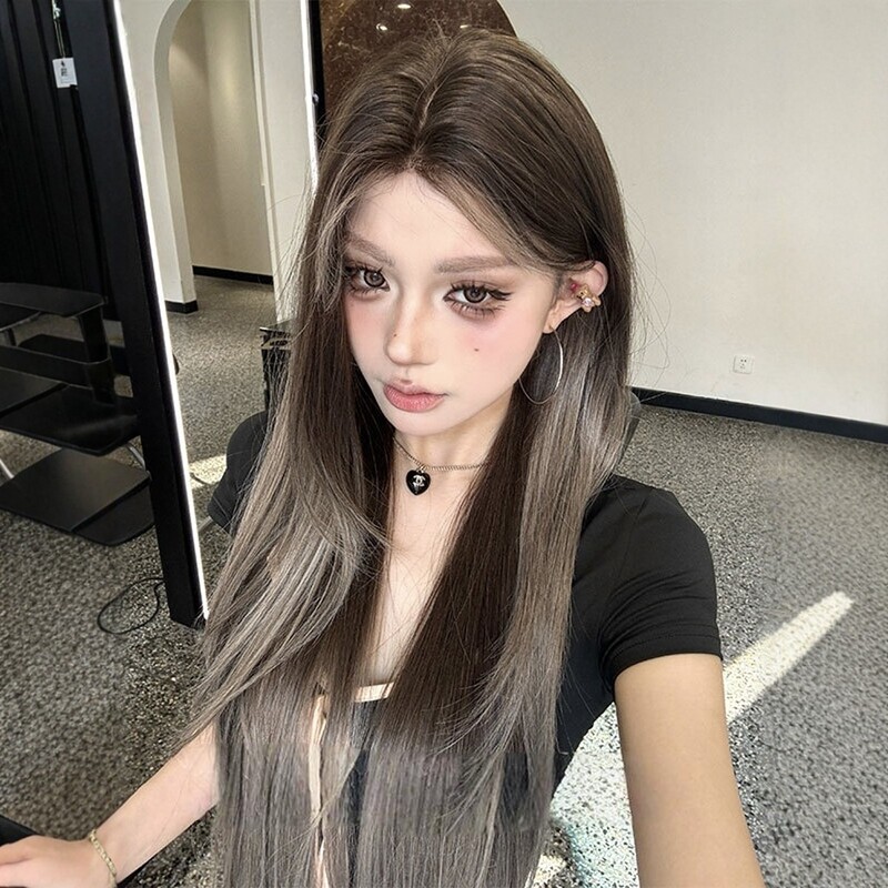 【Sesame Oolong】Lace Front Style Black and Gray Gradient Highlights, Middle Parting Long Straight Hair, Natural Full Wig with Imitation Needle Weaving 【Sesame Oolong】Lace Front Style Black and Gray Gradient Highlights, Middle Parting Long Straight Hair, Natural Full Wig with Imitation Needle Weaving
