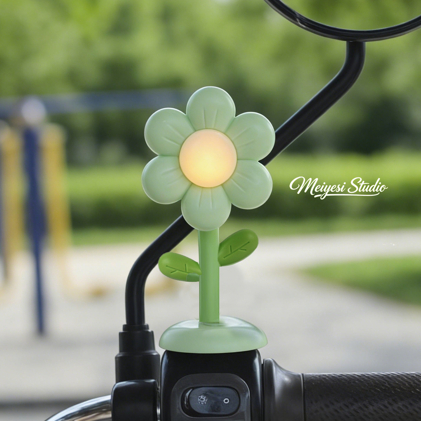 Flores de automóviles eléctricos adornos de luces lindos dibujos animados jefe perro coche de batería bicicleta de noche luces de advertencia accesorios de decoración
