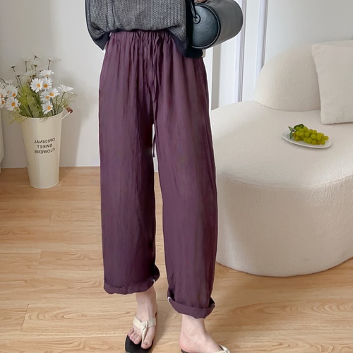 Laycel Tencel Linen Purple Women's Summer Thin High-Waisted Loose Petite 9/10 Straight Leg Pants