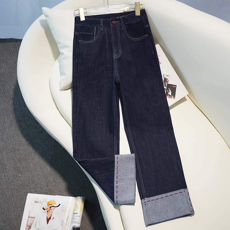 Dark blue narrow version straight jeans for women in spring and autumn 2024 new high-waisted slimming and flip-floped small cigarette pants
