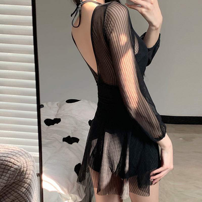 Traje de baño para mujer 2025 verano Internet celebridad nuevo estilo de falda de una sola pieza que cubre la carne y adelgaza con encaje de manga larga traje de baño de vacaciones push-up de pecho pequeño