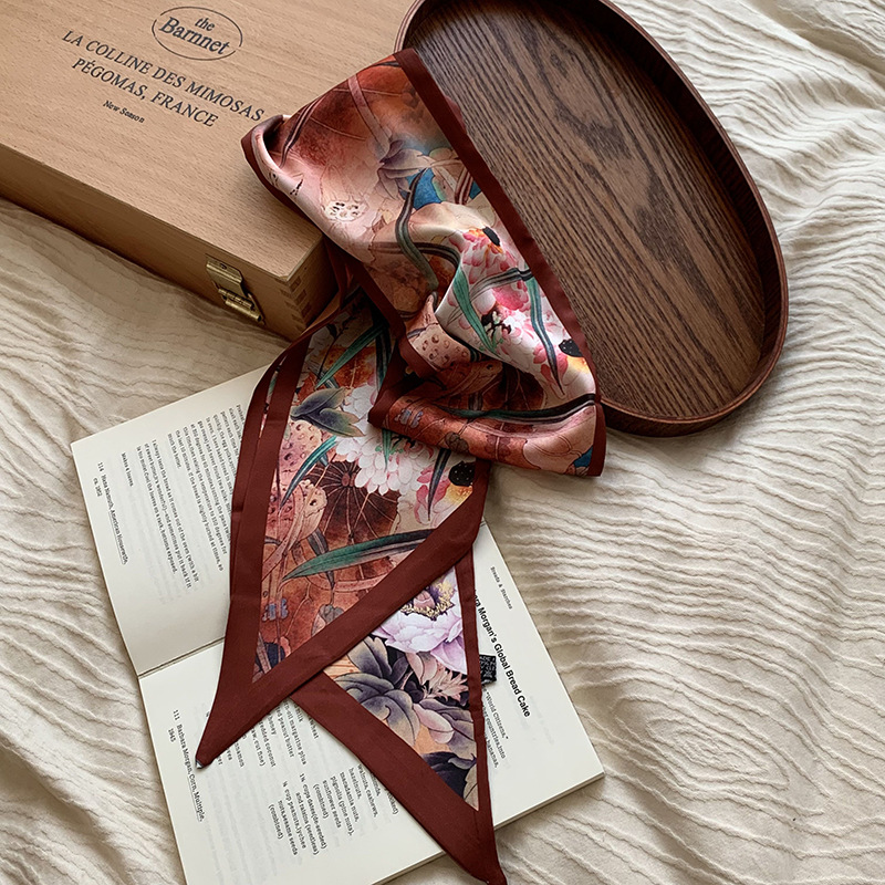 Bufanda de seda para mujer, tira larga, camisa a juego de moda de alta gama, bufanda estrecha, cinturón para el cabello atado, cinturón de cinta de bolsa atada de todo fósforo