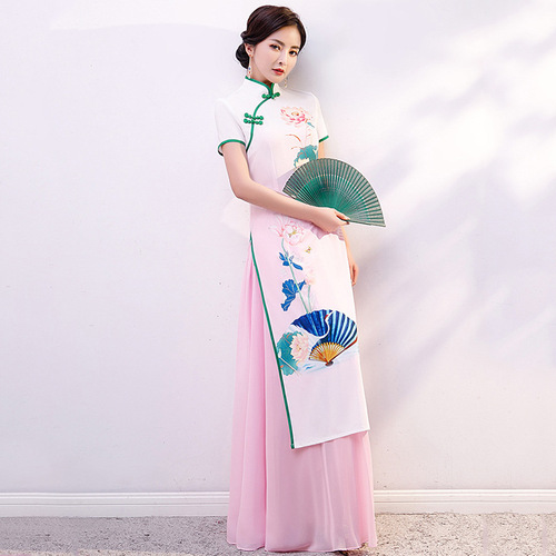 Blue pink floral aodai qipao dresses for women girls chinese oriental cheongsam modified young Chinese wind long show  gown for women