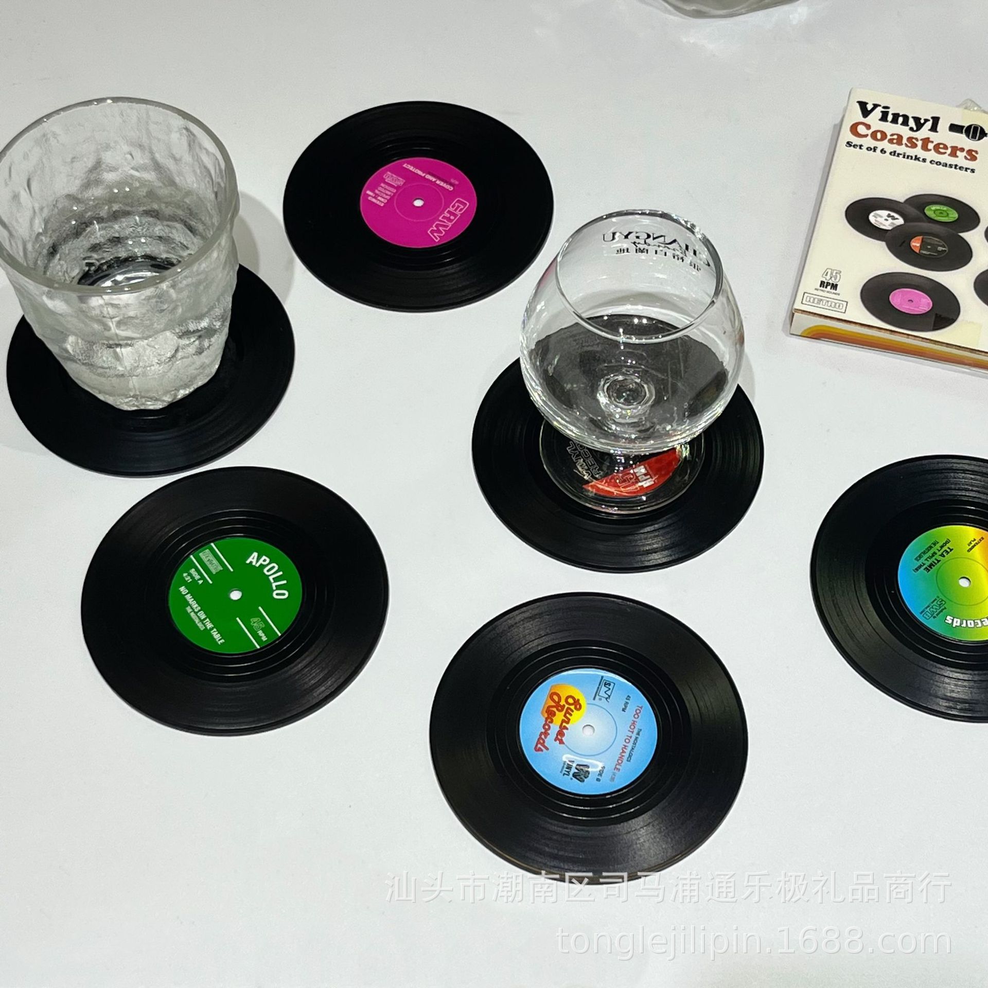 Posavasos de silicona transfronterizos, almohadillas retro para discos de vinilo y CD, almohadillas de aislamiento térmico, juego de seis piezas, posavasos redondos de aislamiento térmico