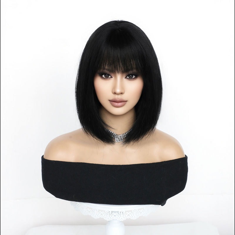 Short Straight Black Wig For Women Lace Frontal Bob Haircut With Bangs Natural Youthful Full Head Cover_voghion.com