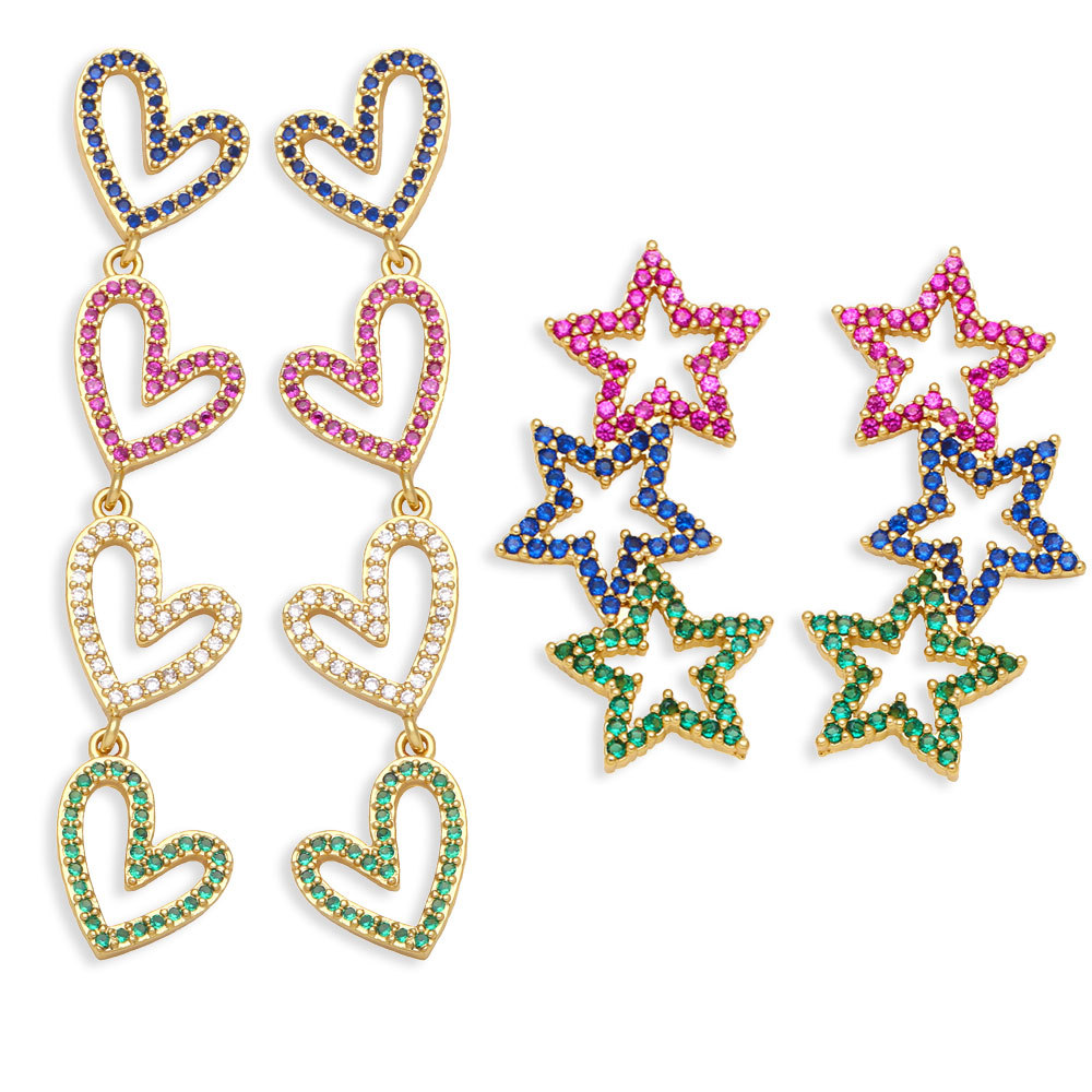 Fashion Color Zircon Heart Pentagram Tassel Copper Earrings display picture 1