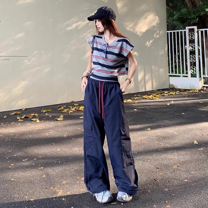 Cool and Stylish Petite Cargo Pants for Women 2025 New American High-Waisted Slimming Drape Drawstring Parachute Casual Pants