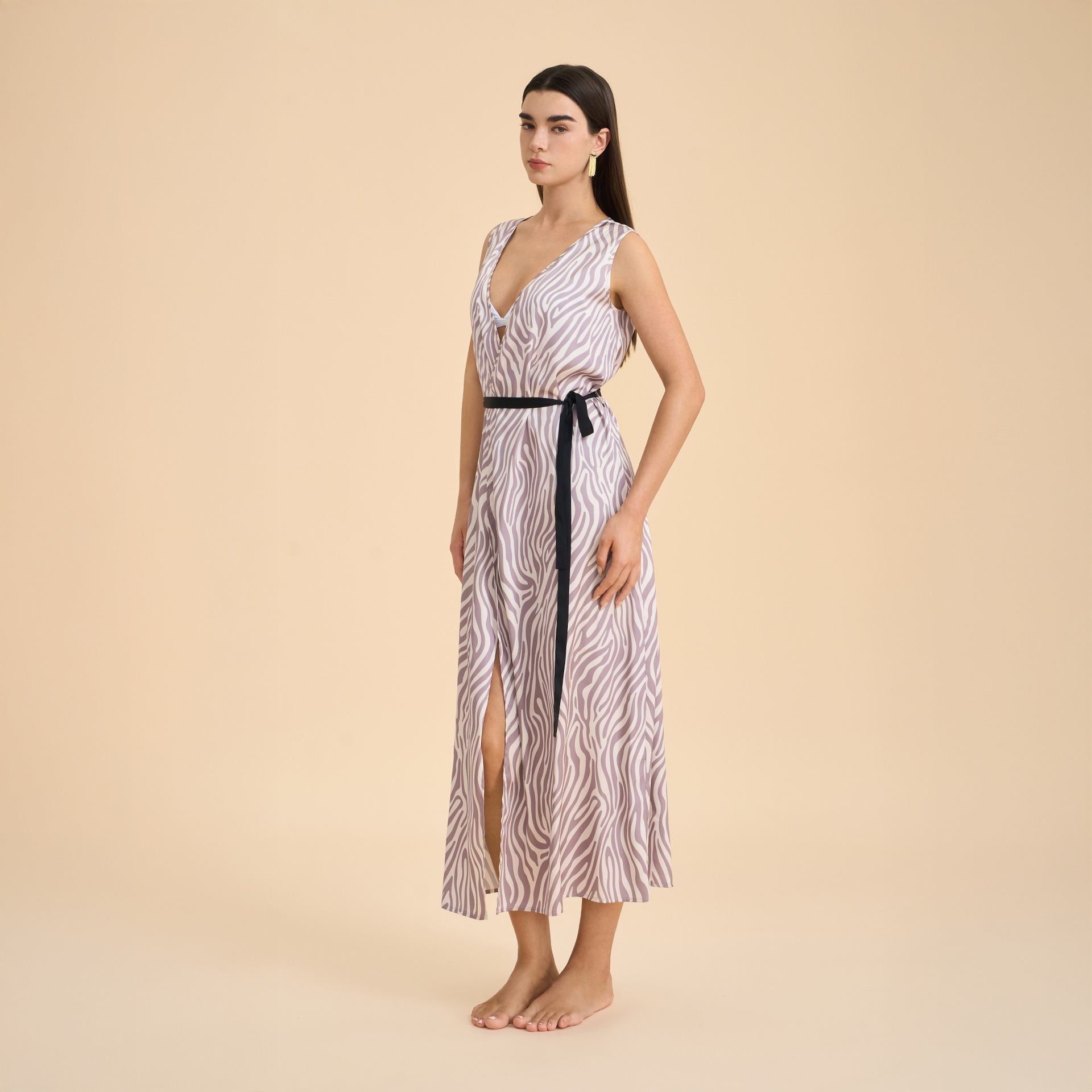 Amazon nuevo satén chiffon hogar cómodo vestido de dormir gris zebra impresión V-collar vestido largo SQ3954