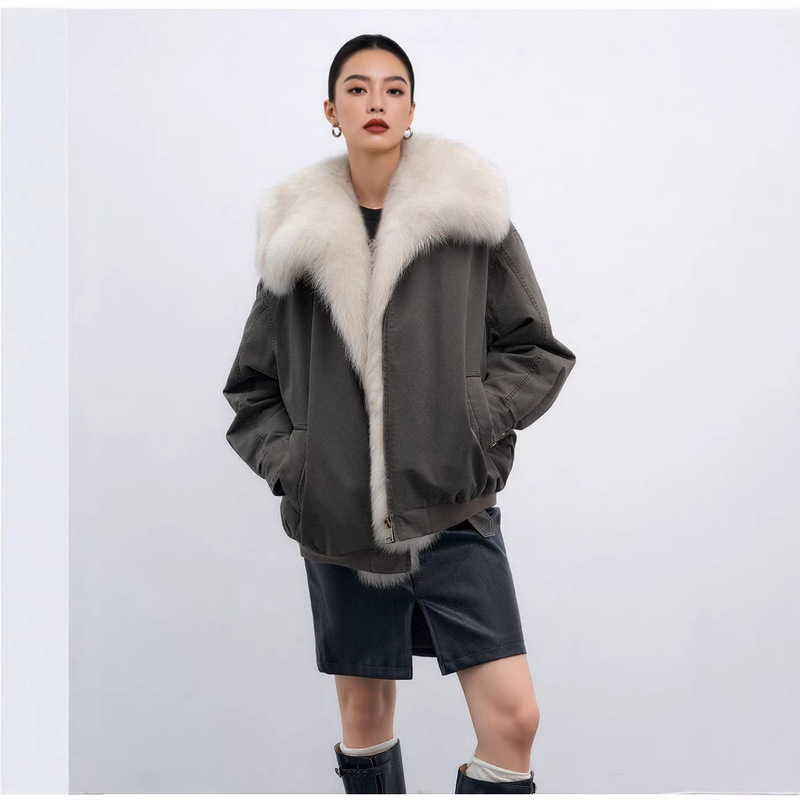 Jiarong Detachable Fox Fur Collar down Parka Vintage Workwear Jacket Short Coat Polar Traveler