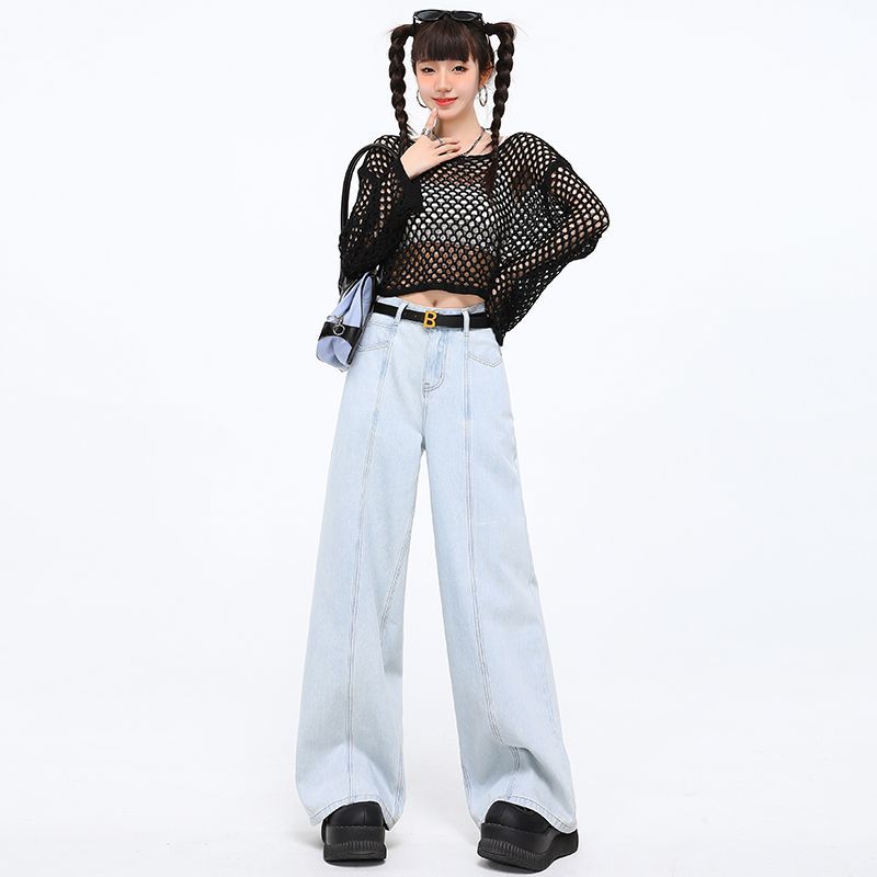 American spring clothing new women's denim hot girl retro style light blue wide-leg pants straight trousers trousers extended