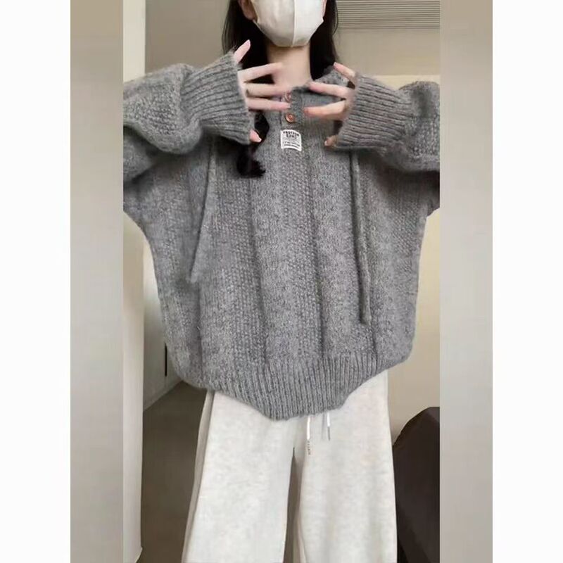 韩版宽松慵懒风连帽毛衣女秋冬2025新款软糯加厚抽绳针织卫衣上衣|undefined