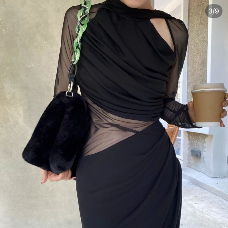 Ready Stock Designer Dark Style Pleated Asymmetrical Mesh Splicing Semi-See-Through Cut Out Long-Sleeved Dress
