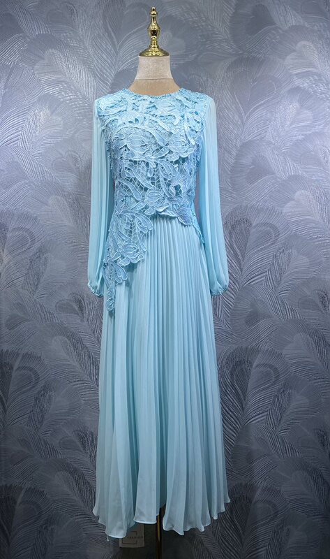 Fengpingying Export Women's Clothing 2025 Autum New Round Neck Water-Soluble Flower Long Dress Ready for Sale