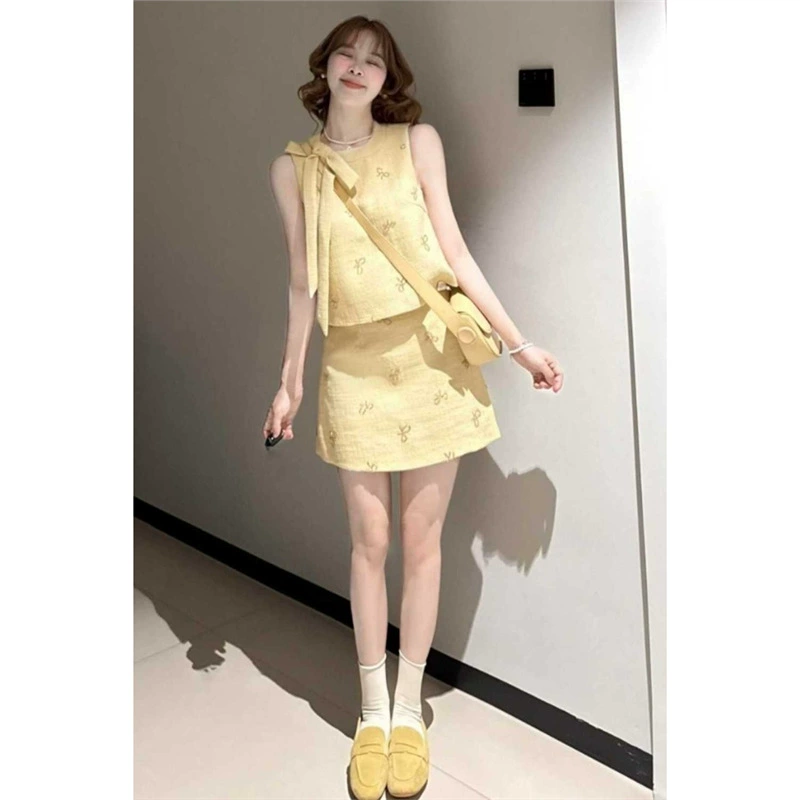 大码胖mm夏装一整套黄色蝴蝶结背心半身裙套装女装富家千金感穿搭