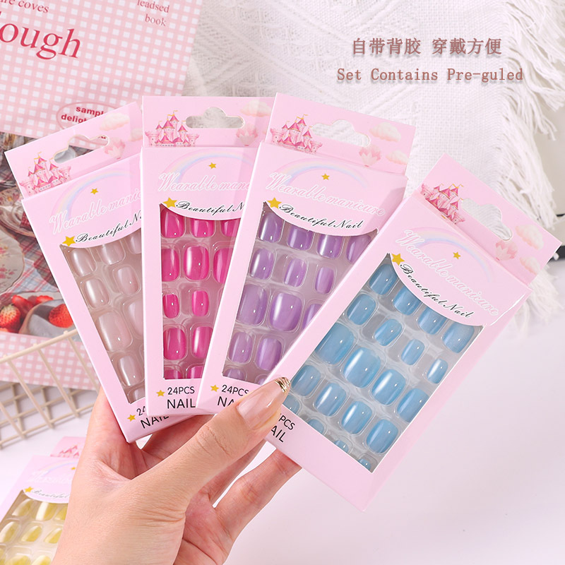 儿童新品穿戴甲多巴胺月光猫眼指甲贴片糖果色甲片贴片|undefined