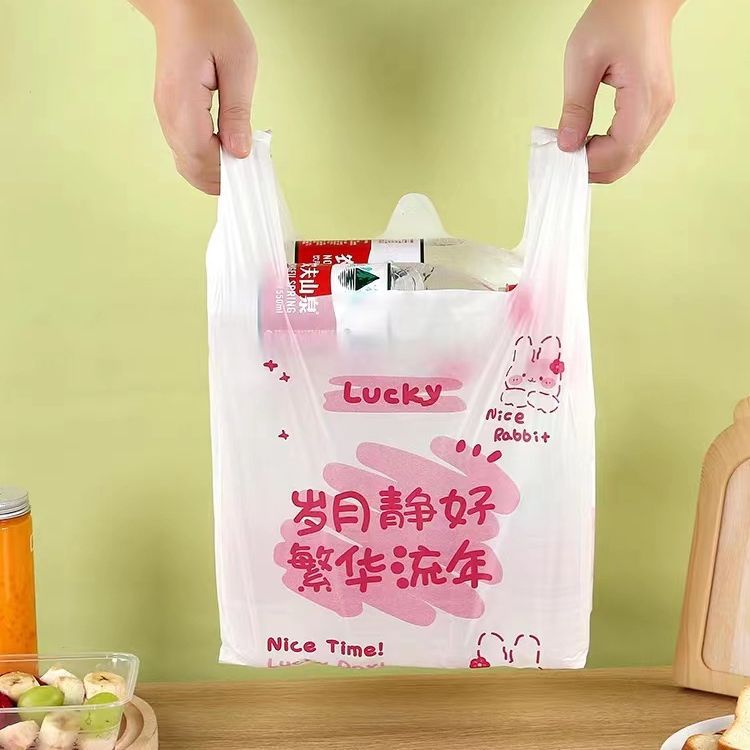 DIY Color-blocking Cartoon Plastic Bag, Thick Takeaway Packing Bag with Vest Back Harness, Makeup, Stationery, Accessories, Handbag