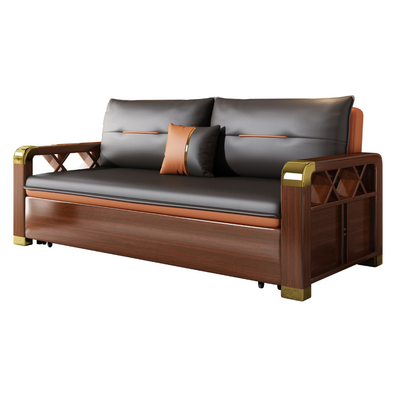 Sofá cama de madera maciza de doble uso plegable Push-Pull doble pequeño apartamento multifuncional tecnología tela Nuevo sofá chino