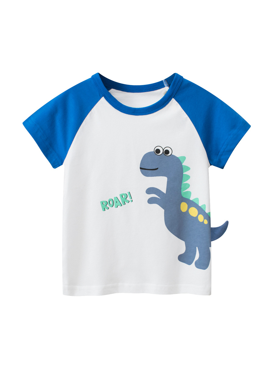 27kids marca ropa para niños verano nuevo estilo coreano dibujos animados para niños dinosaurio camiseta impresa de manga corta cabello de una pieza