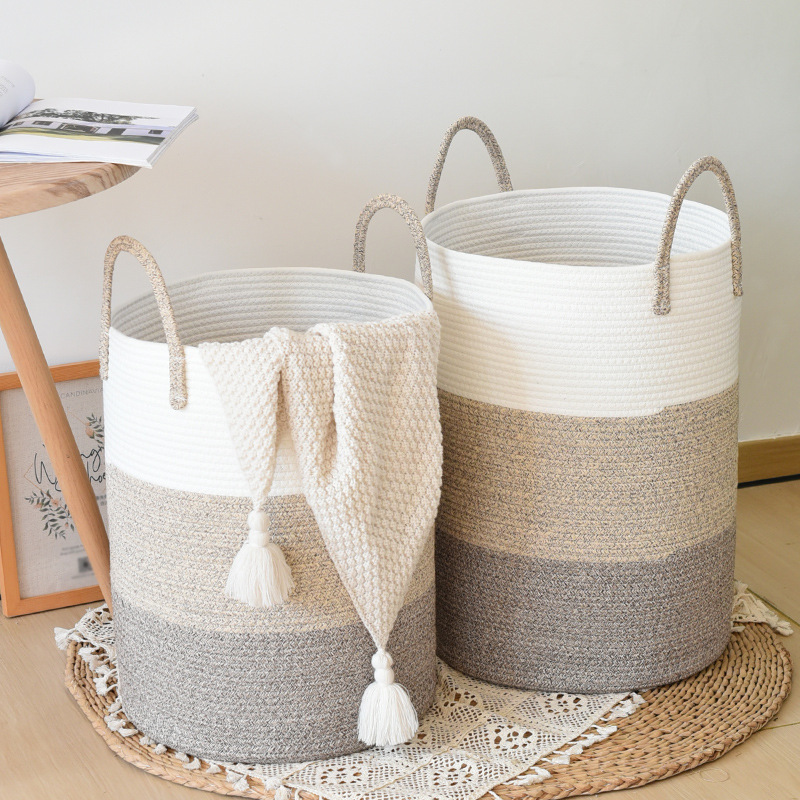 Cesta de almacenamiento tejida de cuerda de algodón simple a juego de colores Cesta de ropa sucia de gran capacidad Cesta de artículos diversos Cesta de almacenamiento de juguetes Cubo de almacenamiento de ropa sucia