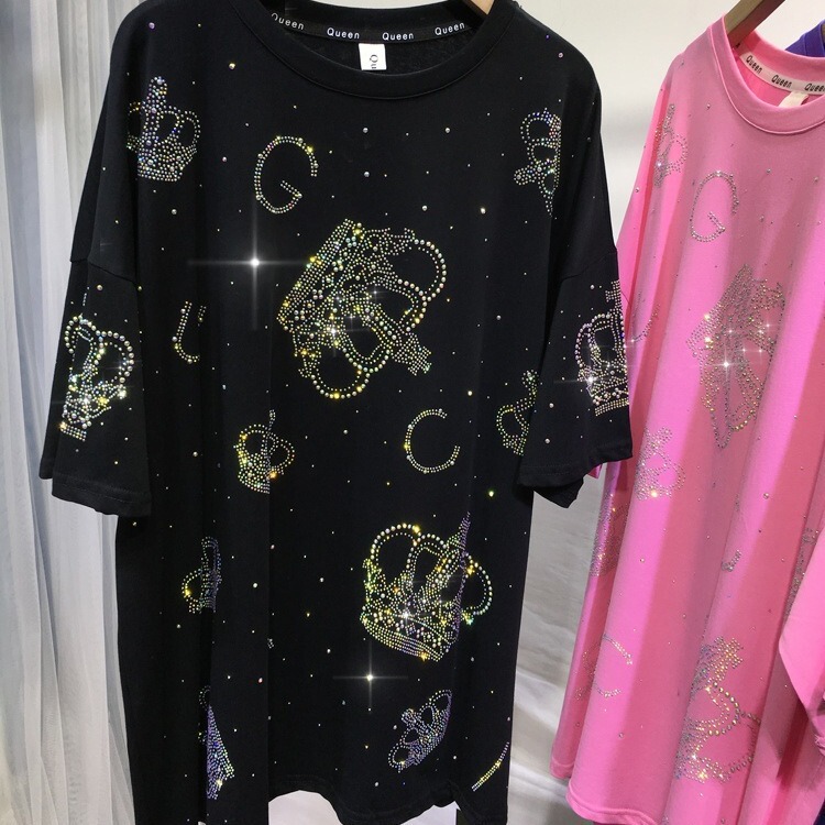 extra large size 1.00 kg-150.00 kg chubby girl heavy industry hot drilling T-shirt crown shiny short sleeve summer new fashion western style top extra large size 1.00 kg-150.00 kg chubby girl heavy industry hot drilling T-shirt crown shiny short sleeve summer new fashion western style top