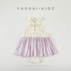 新中式嬰兒禮服2024年夏季薄款國風無袖裙子生日滿月新生兒包屁衣