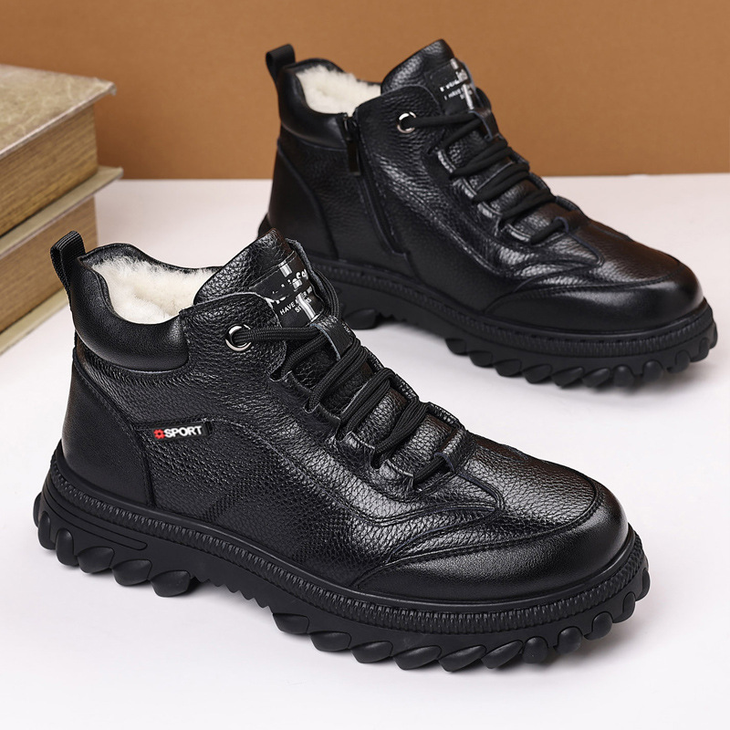 羊毛棉鞋男士冬季头层牛皮棉鞋加绒加厚保暖防滑耐磨高帮休闲皮鞋