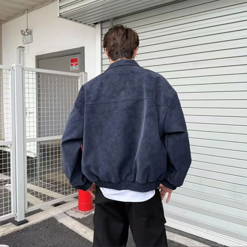 爆款春秋扎染PU皮美式复古立领皮衣夹克宽松百搭情侣外套灰色黑色|undefined