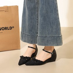 589-1 French style single button high rise fashionable sandals for women, bow pointed sexy lace mesh women's shoes
