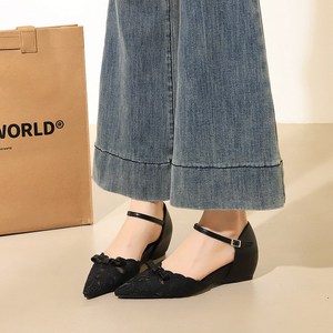 589-1 French style single button high rise fashionable sandals for women, bow pointed sexy lace mesh women's shoes