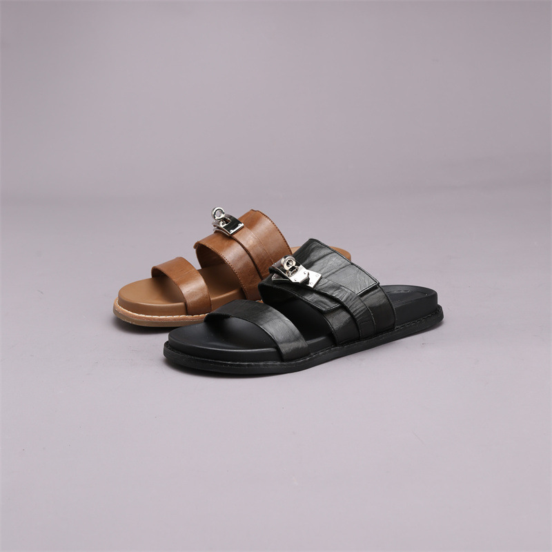 Horse Leather Metal Buckle Slippers for Women, Outdoor Wear, 2026 Summer Thick-Soled Single-Strap Slippers