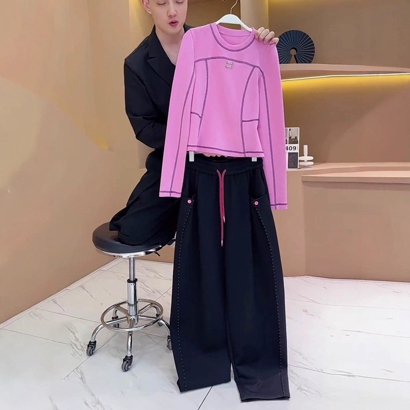 Autumn Clothing Is Paired with a Complete Set of Women's Slim Long-Sleeved Round-Neck Sweatshirts, Casual Sports High-Waisted Wide-Leg Pants Two-Piece Set