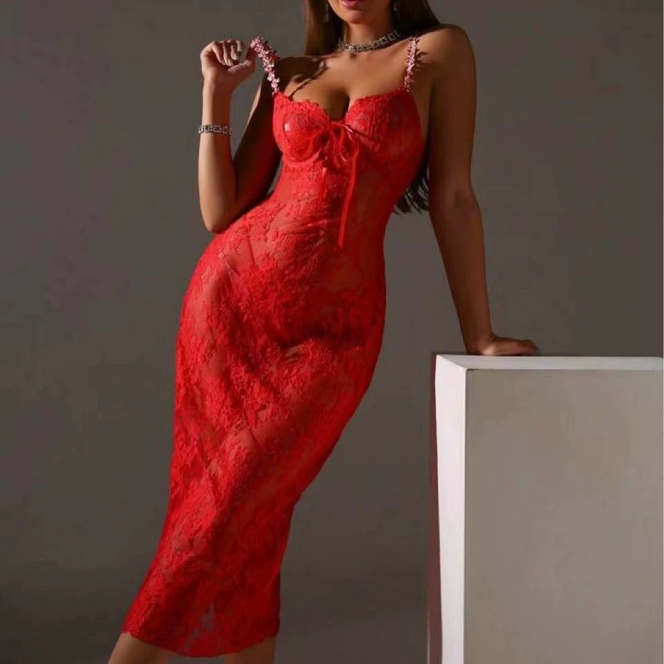 2024 русская любовь сексуальная длинная юбка сквозь кружево вишневый вышитый плечевой ремень новый завод прямых продаж