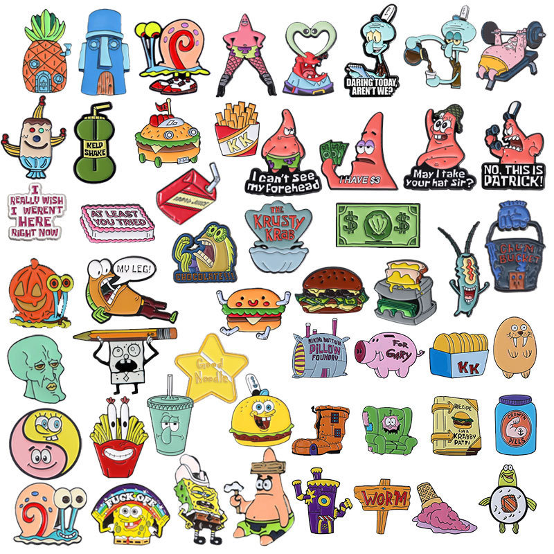 Anime Cute Brooch Spongebob suit Metal Brooch Clothing Collar Needle Squidward Patty Burger Badge