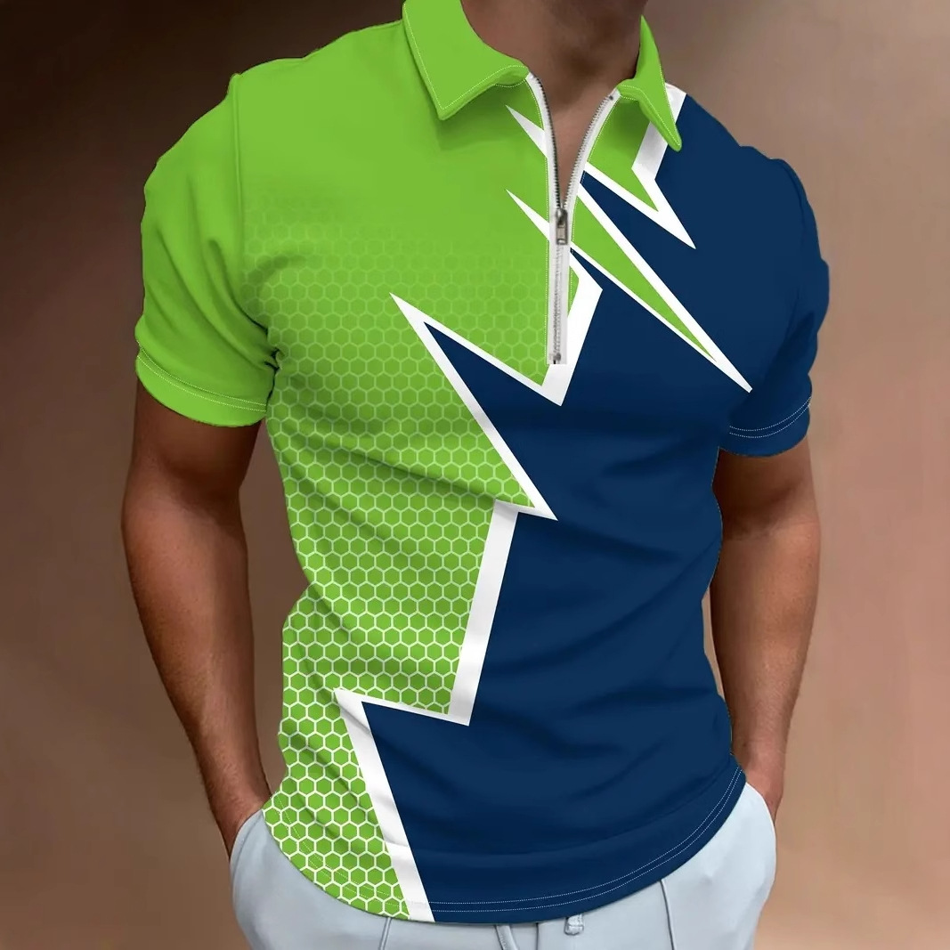 2024 venta caliente verano hombres deportes suelta transpirable manga corta cremallera POLO camisa geométrica contraste color impresión 3D