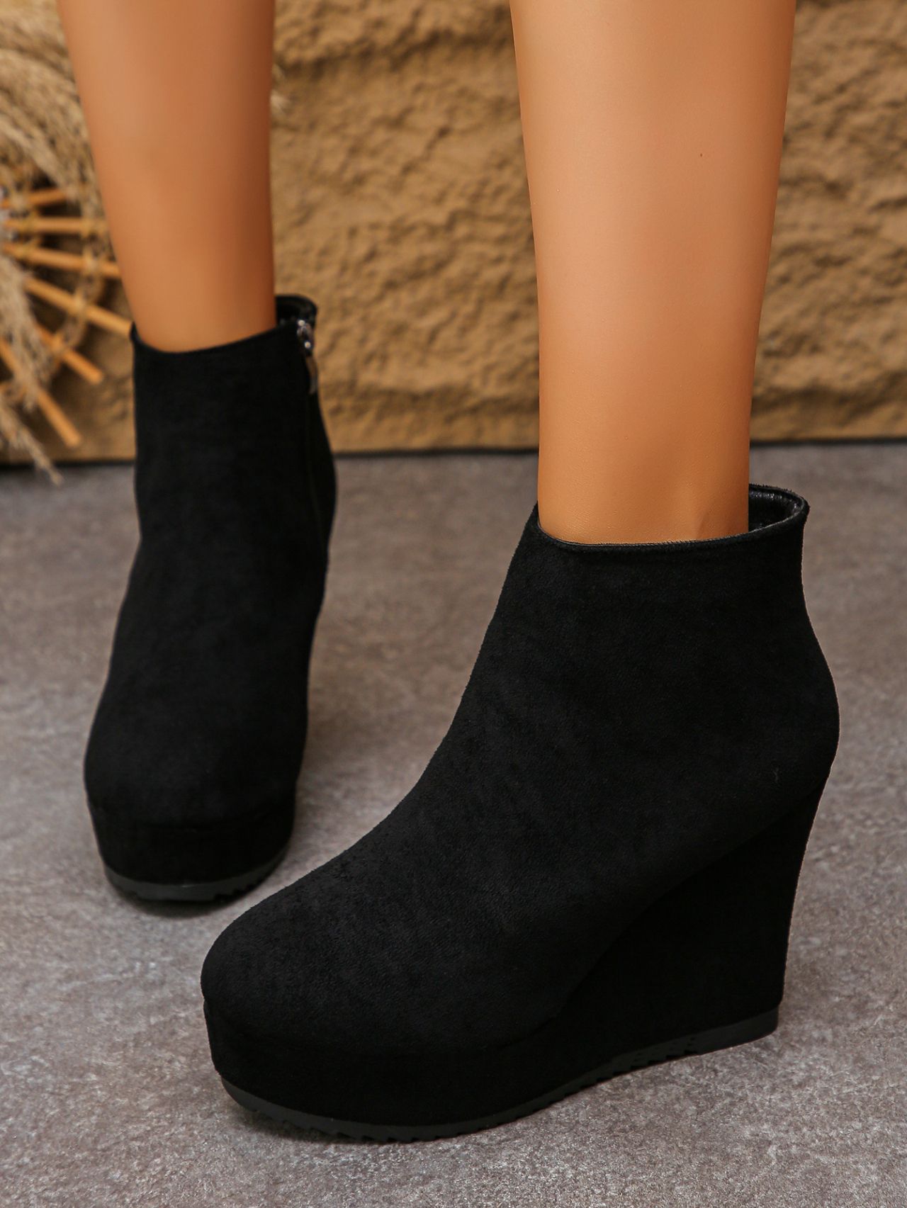 Women's Suede Wedge Ankle Boots Platform Cowboy Style Winter_voghion.com