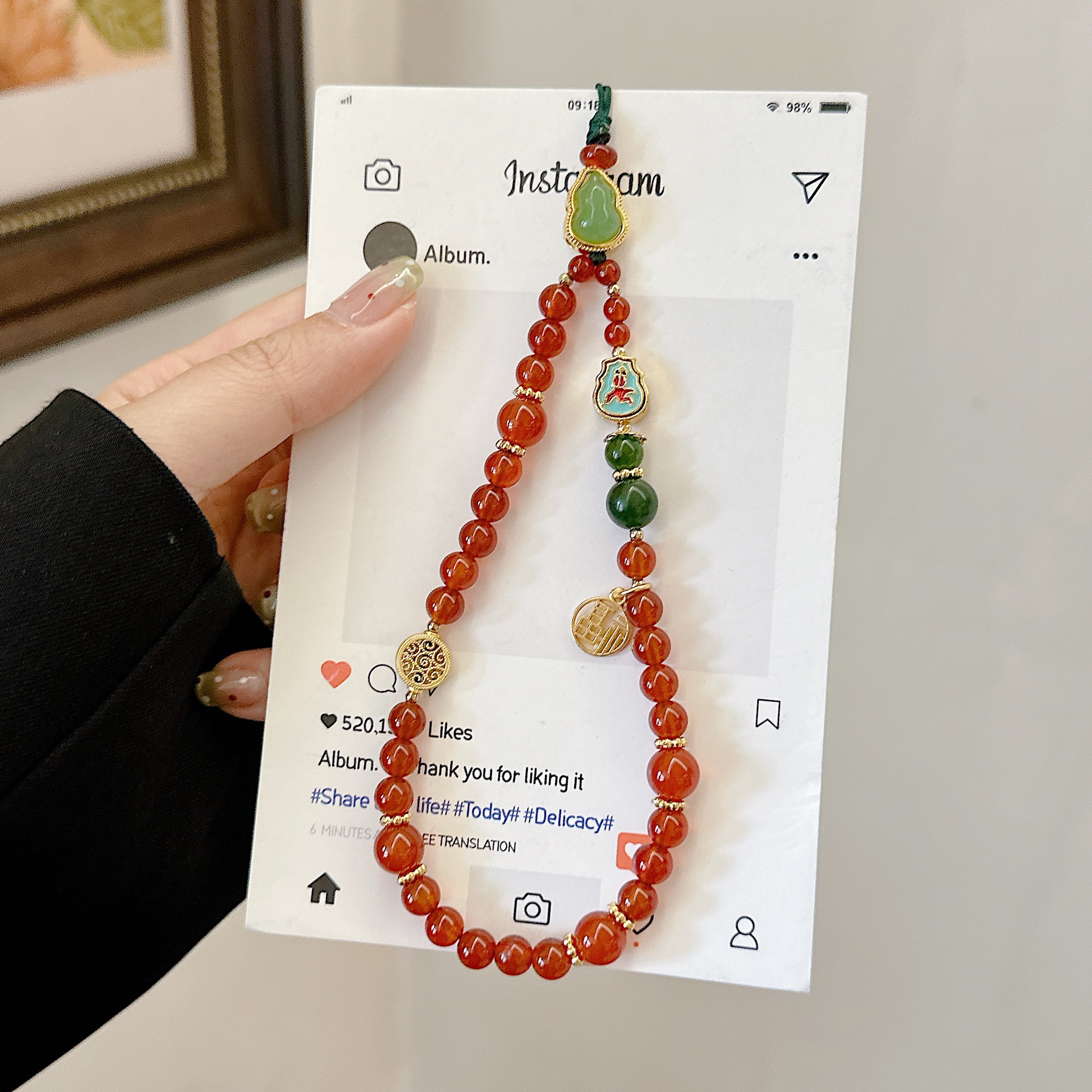 Cadena de teléfono móvil de alta gama hecha a mano boutique, piedra de ágata natural cloisonné, cordón de teléfono móvil de moda, colgante de cadena corta