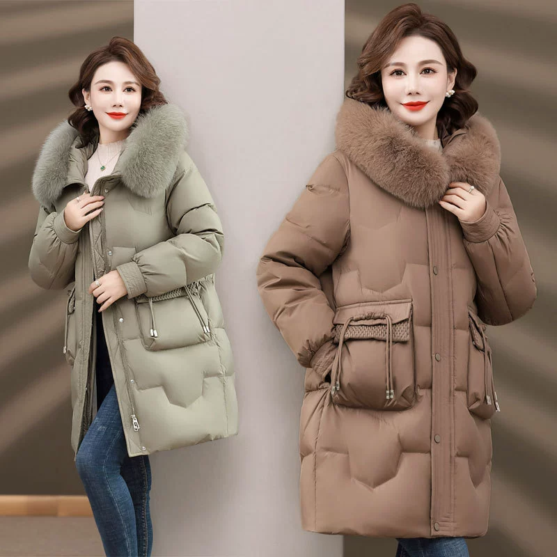 Зимний пуховик для матери среднего возраста 2023, Новый Модный женский пуховик для 50-летних женщин с большим шерстяным воротником, теплое длинное пальто для женщин