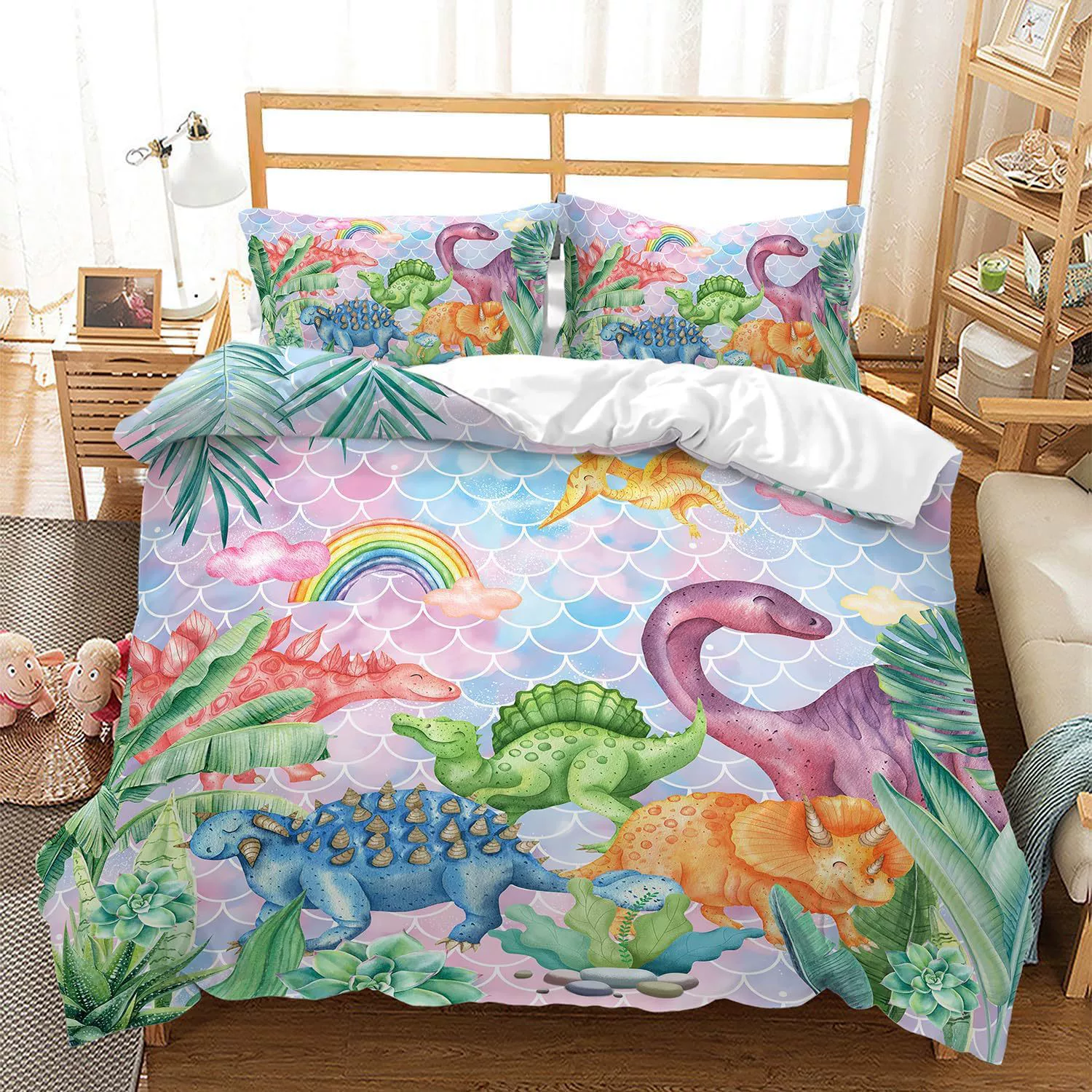 Кросс-бордерное постельное белье, трехкомпонентное одеяло, наволочка, милый маленький динозавр, мультяшная цифровая печать, оптовая продажа на Amazon