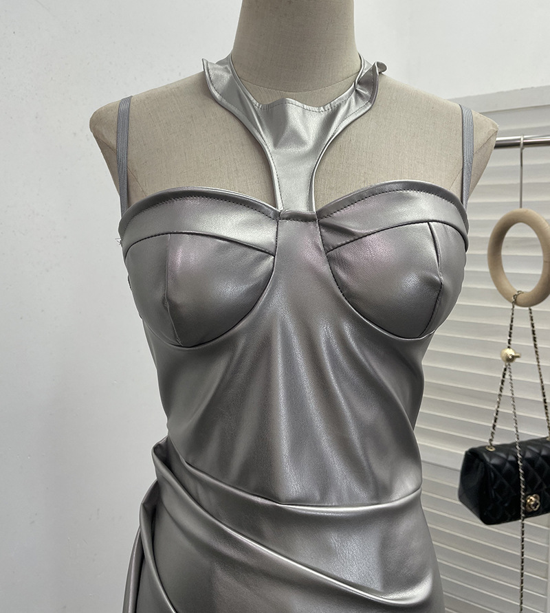 Chest Pad Halter Spaghetti Straps Dress Sexy Slim Fit Ruffle Hip Faux Leather Sexy