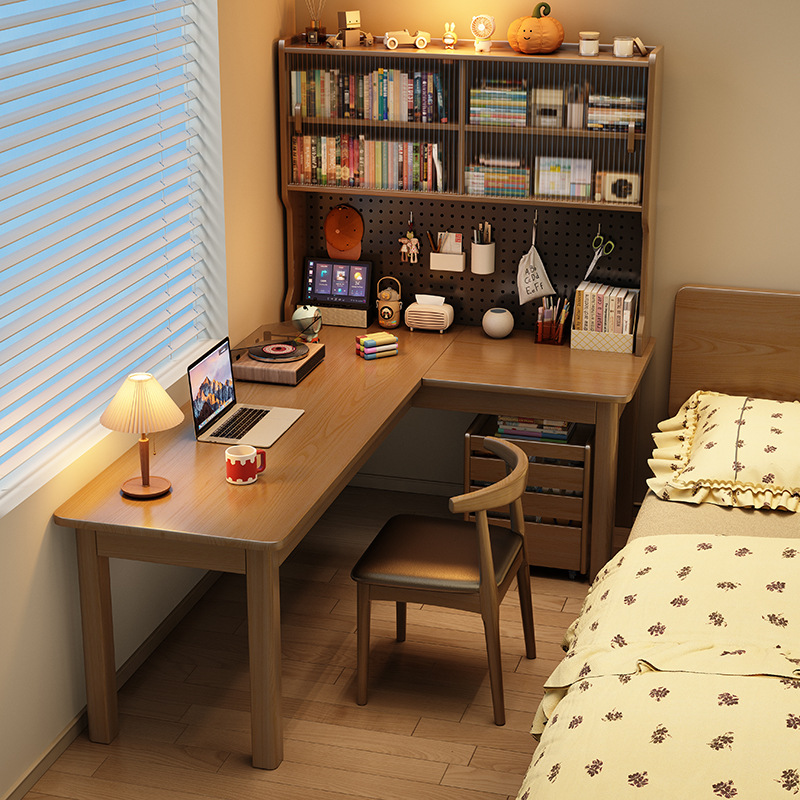 Solid Wood Desk Bookshelf Integrated L-Shaped Corner Hole Board Study Table Simple Bedroom New Bedside Writing Table