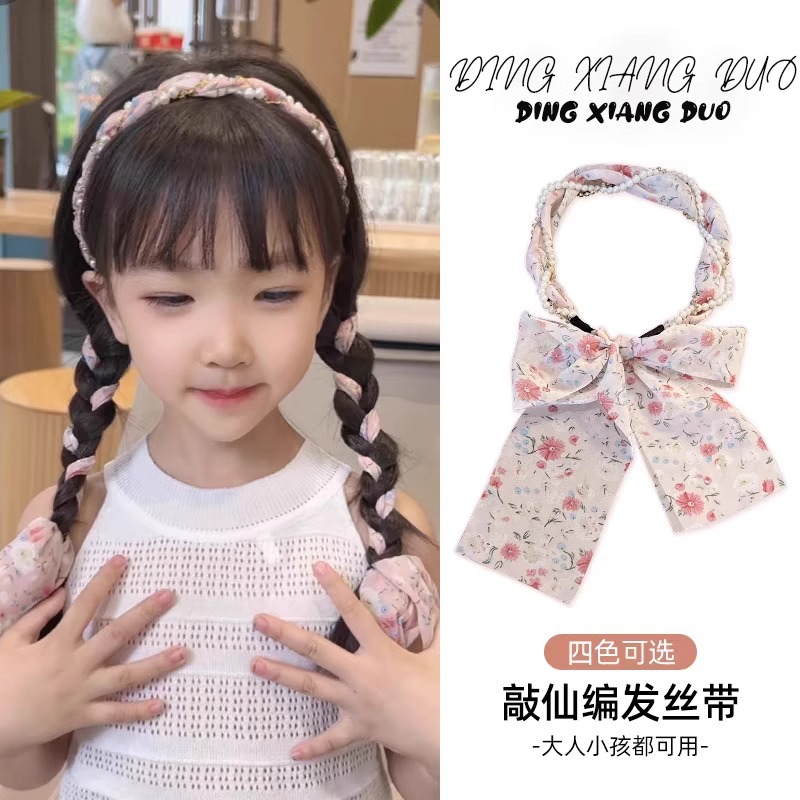 Niños super inmortal tejido bufandas de seda flotantes flores flotantes un cabello de cola de caballo atar cinta de cabello cabeza de cuerda de perla cabeza de cuerda de cabello