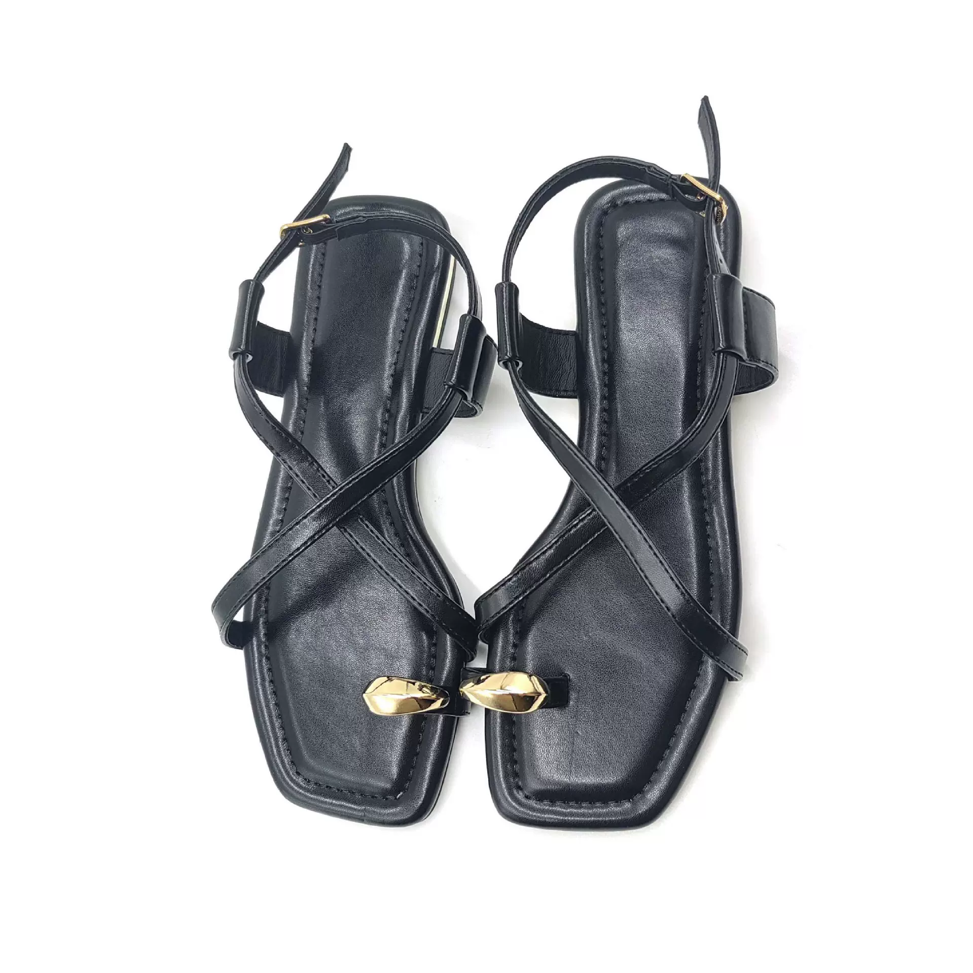 2025跨境新款时尚金属夹拖分趾平底凉鞋交叉绑带设计感搭扣女鞋