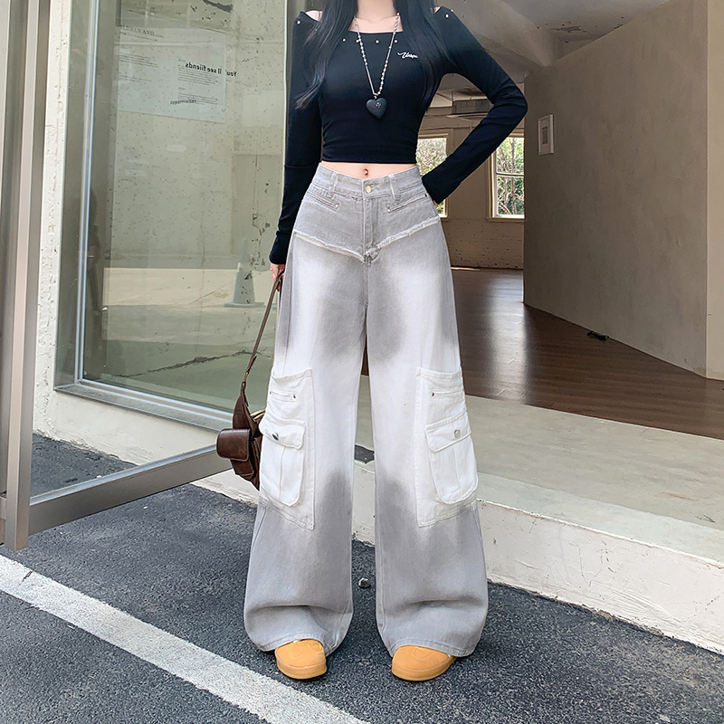Real Shot Real Price ~ Women's Autumn New Loose Slimming Gradient Design Raw Edge Wide-Leg Jeans Trendy