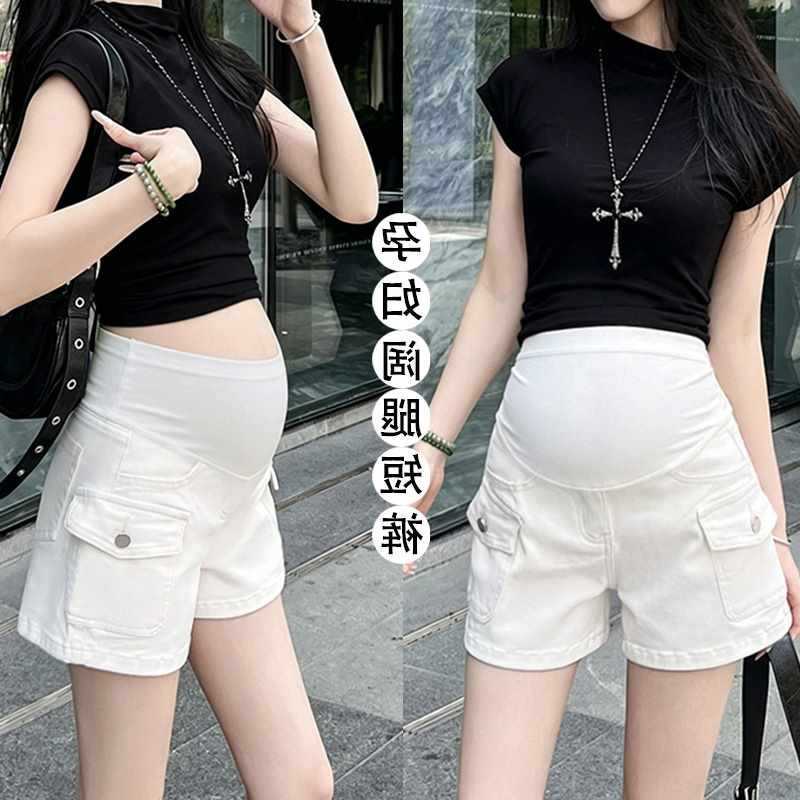 Maternity Denim Shorts Summer Thin Style 2026 New Off-White Embroidered High-Waisted A-Line Hip-Hugging Hot Pants for Women