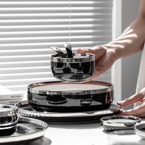 Silver Light Luxury Ceramic Gold Edge Silver Edge Tableware Set Dinner Plates and Bowls, Soup Bowls, Western Dinner Plates and Bowl Set Combination