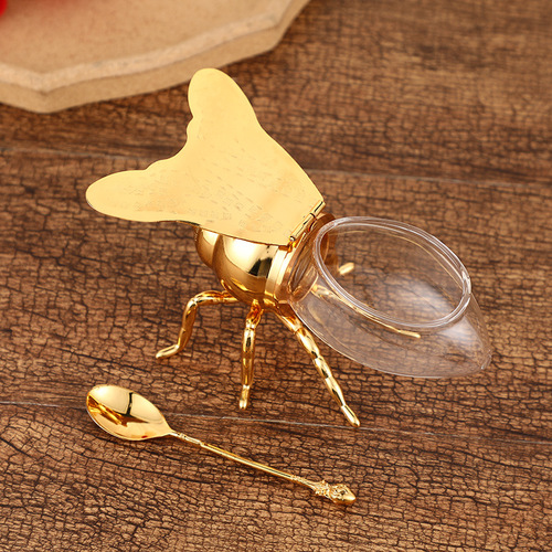 European classical style bee sugar cup, atmospheric golden sugar cup with spoon, high-end kitchen seasoning jar metal crafts
