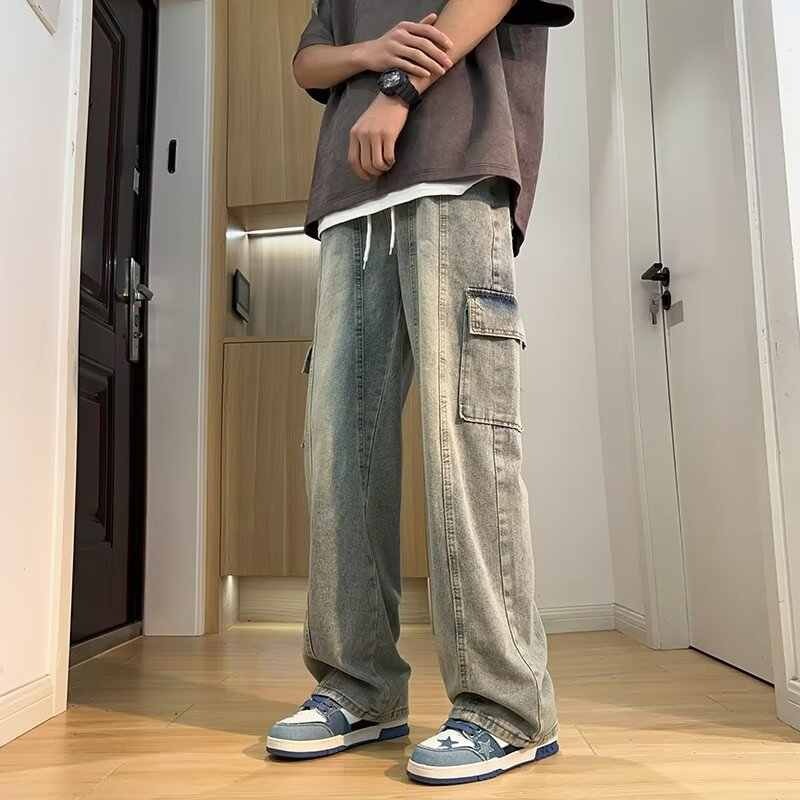 Jeans cargo con coulisse, stile retrò, alla moda, tinti di fango, gialli, per uomo e donna, pantaloni larghi, casual e a gamba dritta_voghion.com