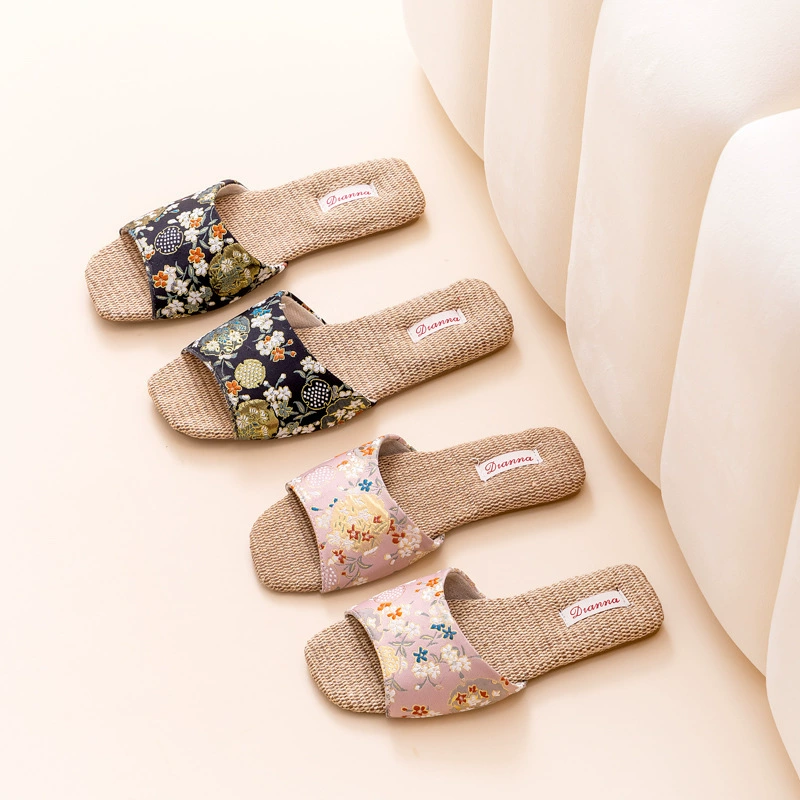Льняные тапочки женские новые с открытым носком, дышащие, впитывающие пот и дезодорирующие, домашние сандалии в китайском стиле с накладкой на подошве, летние